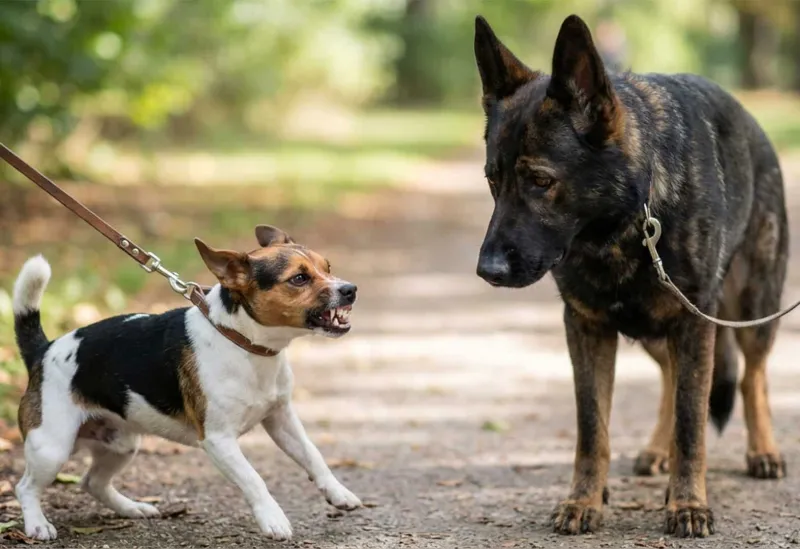 Ein kleiner Jack Russell Terrier mit schwarz-weiß-braunem Fell knurrt und fletscht die Zähne aggressiv in Richtung eines deutlich größeren dunklen Deutschen Schäferhundes. Beide Hunde sind angeleint und stehen sich auf einem Kiesweg in einem Park gegenüber. Der Schäferhund wirkt ruhig und schaut den kleineren Hund an. Im Hintergrund verschwommenes Grün mit Bäumen.