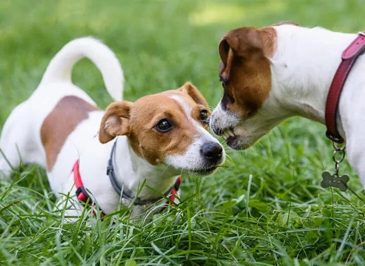 Zwei Jack Russell Terrier mit weiß-braunem Fell begegnen sich auf einer grünen Wiese. Der linke Hund mit rotem Halsband liegt flach auf dem Boden in unterwürfiger Körperhaltung. Der rechte Hund mit dunkelrotem Halsband und Knochen-Anhänger beugt sich über ihn und fletscht leicht die Zähne — ein typisches Kommunikationsverhalten unter Hunden. Im Hintergrund sattes Grün.
