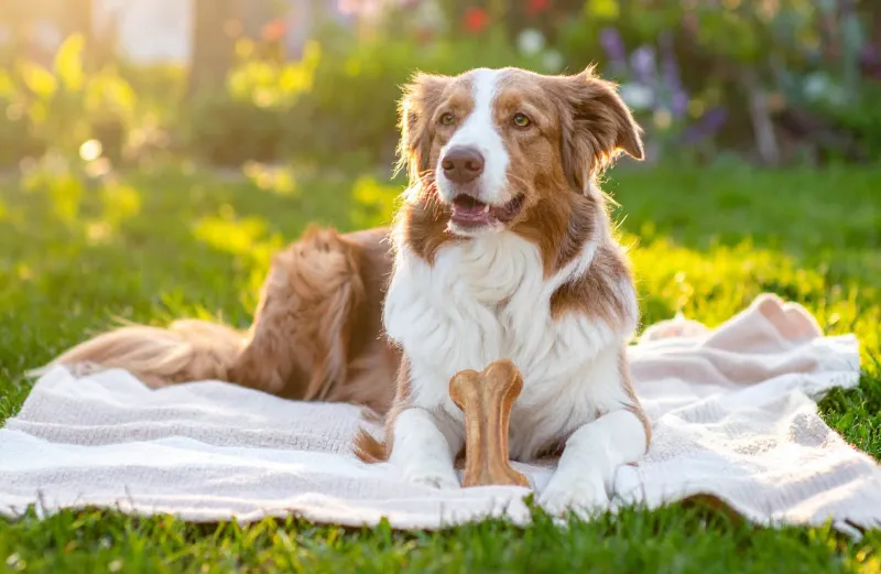 Ein rot-weißer Australian Shepherd mit hellgrünen Augen liegt entspannt auf einer hellen Decke im Garten und schaut aufmerksam in die Kamera. Vor seinen Pfoten liegt ein Kauknochen. Im Hintergrund sattgrüner Rasen, bunte Blumen und warmes Gegenlicht, das die Szene in goldenes Licht taucht.