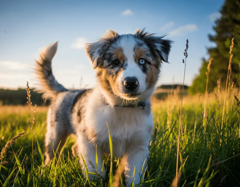 Ein junger Australian Shepherd Welpe mit blau-weiß-braunem Merle-Fell und auffälligen blauen Augen steht neugierig in hohem Wiesengras und schaut in die Kamera. Das Fell ist leicht zerzaust, um den Hals trägt er ein kleines Halsband. Im Hintergrund goldenes Abendlicht, eine weite Wiese und ein blauer Himmel mit wenigen Wolken.