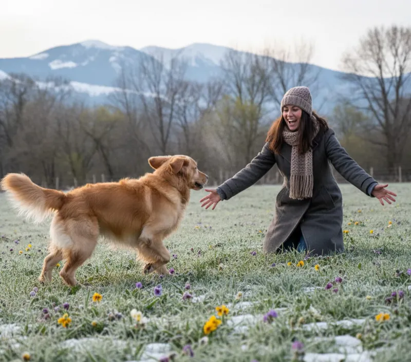 Eine lachende Frau mit dunklem Haar, Strickmütze, Schal und grauem Mantel kniet mit ausgebreiteten Armen auf einer leicht frostbedeckten Frühlingswiese. Ein Golden Retriever läuft freudig auf sie zu. Die Wiese ist mit Krokussen und Stiefmütterchen übersät, im Hintergrund kahle Bäume und schneebedeckte Berggipfel unter einem bewölkten Himmel.