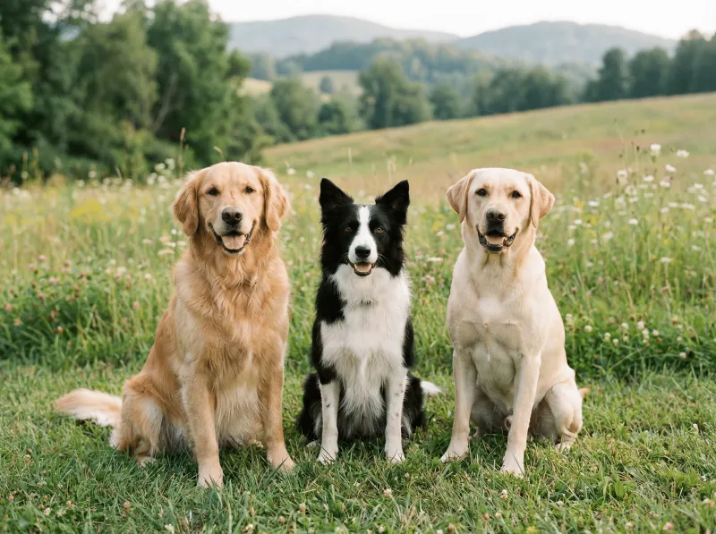 Drei Hunde sitzen nebeneinander auf einer blumenreichen Sommerwiese und schauen in die Kamera. Von links nach rechts: ein Golden Retriever mit goldfarbenem Fell, ein schwarz-weißer Border Collie und ein cremefarbener Labrador Retriever. Alle drei haben den Mund leicht geöffnet. Im Hintergrund grüne Bäume, Wildblumen und sanfte Hügel unter einem bewölkten Himmel.