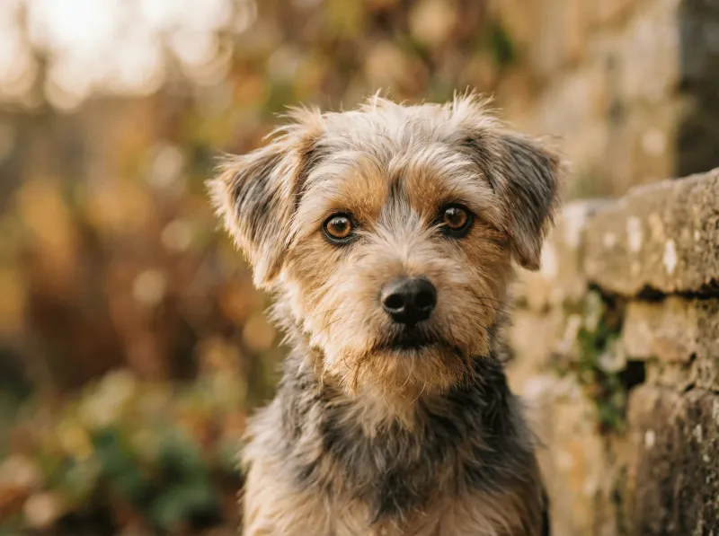 Nahaufnahme eines kleinen, zotteligen Hundes mit beige-grauem Fell und ausdrucksstarken bernsteinfarbenen Augen, der direkt in die Kamera blickt. Der Hund sitzt vor einer moosbedeckten Steinmauer, der Hintergrund zeigt ein weiches, herbstlich verschwommenes Bokeh in Braun- und Grüntönen.