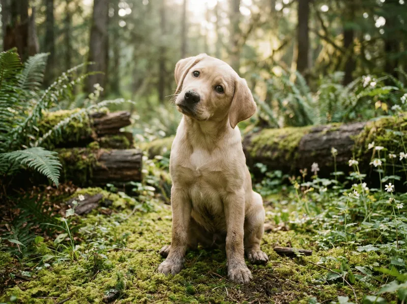 Ein hellbeiger Labrador-Welpe sitzt aufrecht und neugierig auf einem moosbedeckten Waldboden und schaut leicht zur Seite. Rund um ihn wachsen Farne, kleine Wildblumen und bemooste Baumstämme. Im Hintergrund ein lichter, grüner Wald mit weichem, durchscheinendem Gegenlicht.