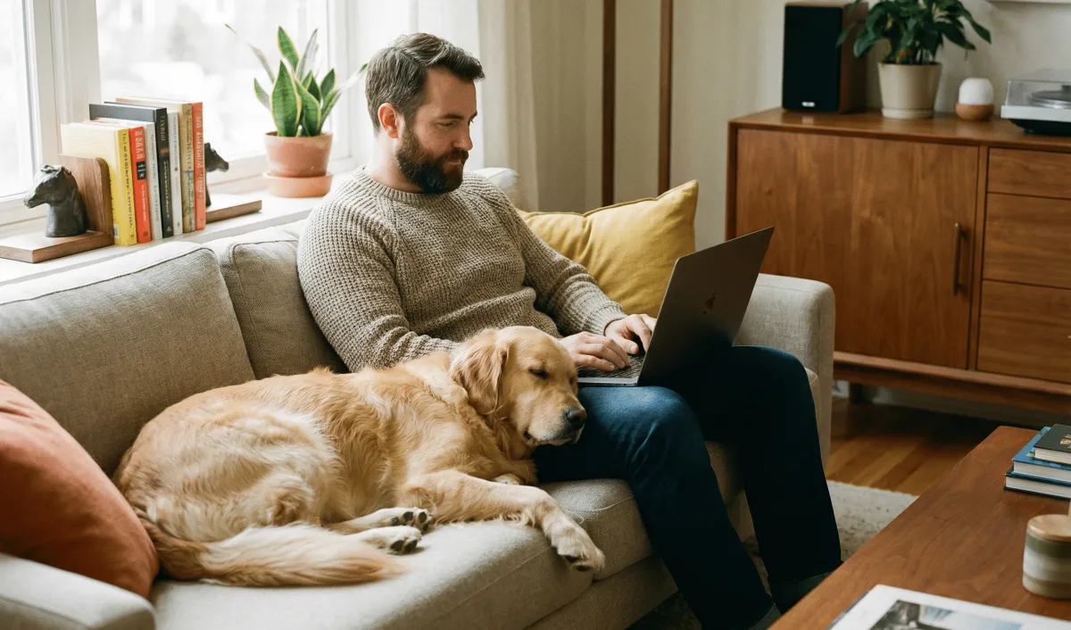 Ein bärtiger Mann in einem beigen Strickpullover und dunkler Jeans sitzt entspannt auf einem hellgrauen Sofa und arbeitet an einem Laptop. Neben ihm liegt ein schlafender Golden Retriever, der seinen Kopf auf dem Schoß des Mannes abgelegt hat. Im Hintergrund ein gemütliches Wohnzimmer mit Bücherregal auf der Fensterbank, Zimmerpflanzen, einem Holzsideboard und warmem natürlichem Licht.