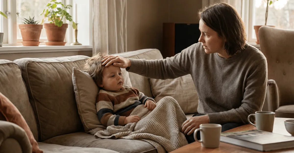 Eine besorgte Mutter mit dunklem Haar und grauem Pullover sitzt neben ihrem kranken Kleinkind und legt ihm fürsorglich die Hand auf die Stirn, um Fieber zu prüfen. Das Kind liegt mit einer Wolldecke zugedeckt auf dem Sofa und trägt einen bunten Streifenpullover. Auf dem Couchtisch stehen zwei Teetassen. Im Hintergrund ein warmes, gemütliches Wohnzimmer mit Zimmerpflanzen und Tageslicht.