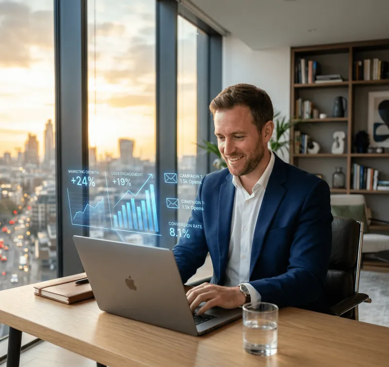 Ein lĂ€chelnder GeschĂ€ftsmann im dunkelblauen Sakko und weiĂem Hemd sitzt an einem Holzschreibtisch und arbeitet an einem MacBook. Aus dem Bildschirm steigen holographisch dargestellte Marketing-Kennzahlen auf â darunter âMarketing Growth +24%