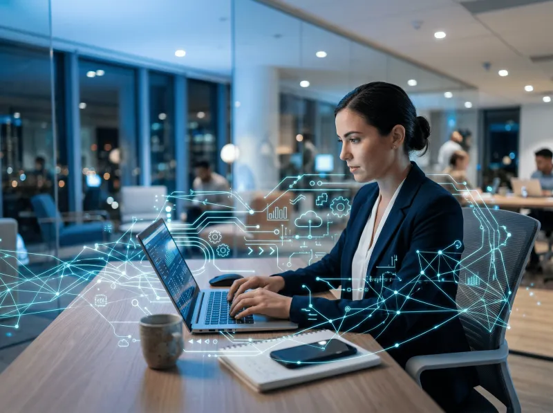 Eine konzentriert wirkende Frau im dunkelblauen Blazer tippt an einem Laptop in einem modernen BĂŒro bei Nacht. Um sie herum sind holographische, leuchtend tĂŒrkise Netzwerklinien und digitale Icons eingeblendet â darunter ZahnrĂ€der, Cloud-Symbole, Diagramme und Verbindungspunkte, die digitale Automatisierung und vernetzte Prozesse symbolisieren. Im Hintergrund weitere arbeitende Personen und eine Stadtkulisse durch GlaswĂ€nde.