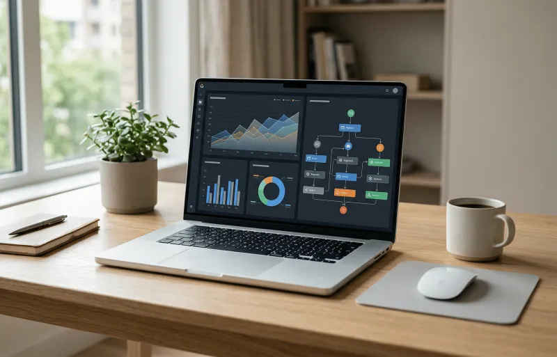 Ein aufgeklapptes MacBook auf einem hellen Holzschreibtisch zeigt ein dunkles Marketing-Software-Dashboard mit Liniendiagrammen, Balken- und Donut-Charts sowie einem farbigen Automatisierungs-Workflow-Diagramm. Daneben liegen eine Maus, ein Notizbuch mit Stift und eine Kaffeetasse. Im Hintergrund eine Zimmerpflanze, ein BĂŒcherregal und ein Fenster mit Tageslicht.