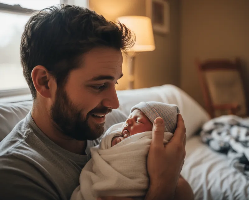Ein junger Vater mit Bart hält sein schlafendes Neugeborenes mit Mützchen eng an sich und lächelt es voller Staunen an. Im Hintergrund ein warmes, gedämpftes Schlafzimmer mit Bett und Nachttischlampe.