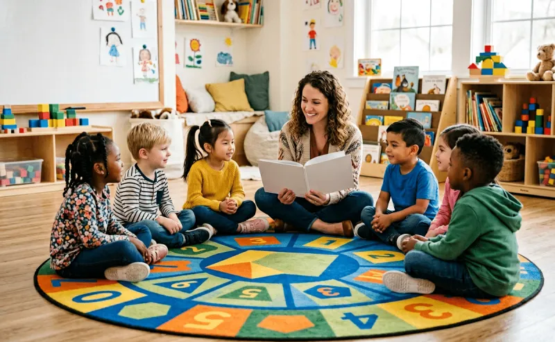 Eine lächelnde Erzieherin mit lockigem Haar sitzt mit sechs Kindern verschiedener Herkunft im Kreis auf einem bunten Zahlen-Teppich und liest ihnen aus einem Buch vor. Im Hintergrund ein heller Kindergartenraum mit Kinderzeichnungen, Bücherregalen und Spielzeug.