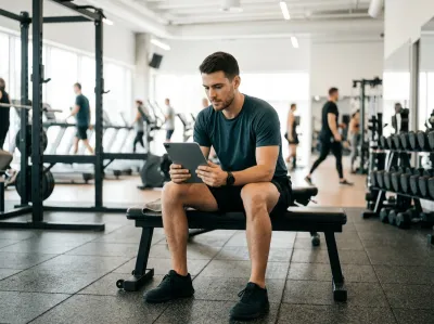 Ein junger Mann in dunklem Sportshirt und Shorts sitzt auf einer Trainingsbank und schaut konzentriert auf ein Tablet. Im Hintergrund ein helles, belebtes Fitnessstudio mit Laufbändern, Kurzhantelregal und mehreren Trainierenden.