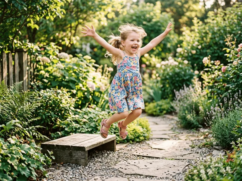 Ein kleines Mädchen im bunten Blumenkleid springt strahlend und mit weit ausgebreiteten Armen von einer kleinen Holzstufe in einem üppigen Sommergarten mit Steinweg, Rosen, Lavendel und Farnpflanzen im warmen Abendlicht.