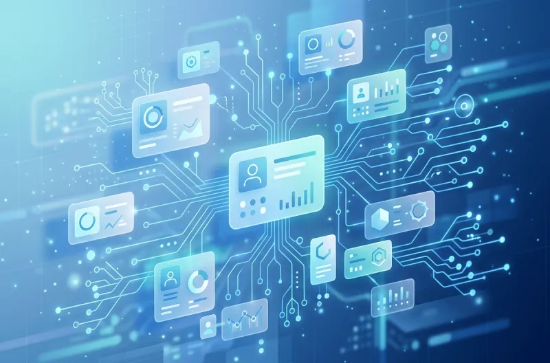 Abstrakte digitale Illustration in Blau- und Türkistönen: Mehrere halbtransparente Karten mit Icons für Nutzerprofil, Diagramme, Einstellungen und Datenanalyse schweben in einem digitalen Raum und sind über leuchtende Leiterbahn-Linien miteinander verbunden. Im Zentrum eine größere Profilkarte. Das Bild symbolisiert vernetzte Daten, digitale Infrastruktur oder CRM-Systeme.