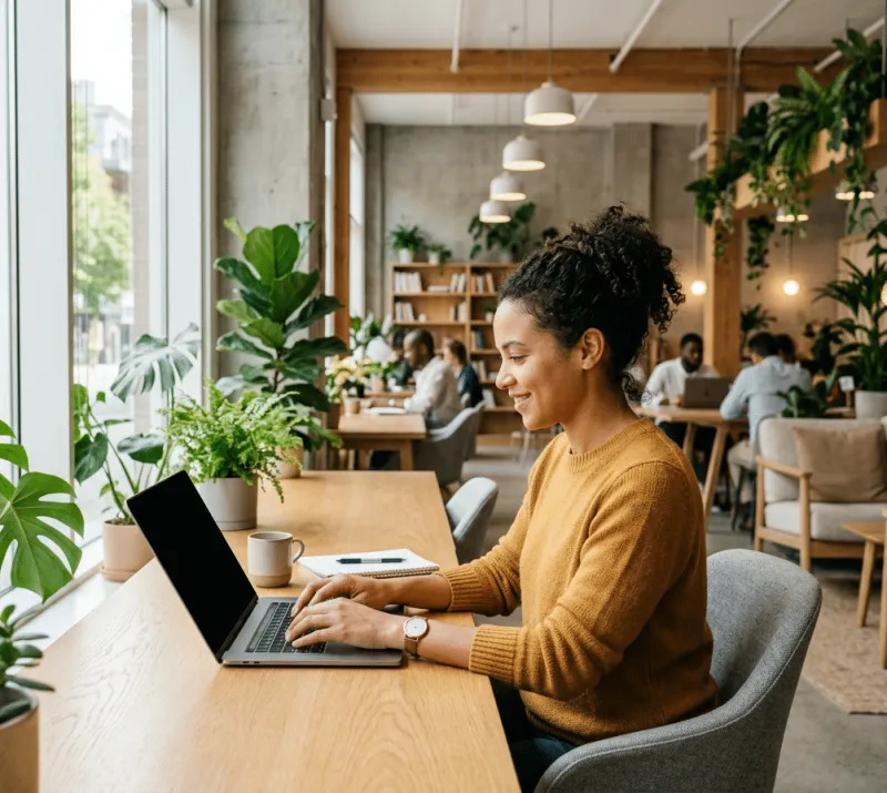 Eine lächelnde junge Frau mit lockigem Haar und gelbem Strickpullover arbeitet konzentriert an einem Laptop an einem Holztisch in einem modernen, pflanzenreichen Co-Working-Space. Neben ihr eine Keramiktasse und ein Notizbuch. Im Hintergrund weitere arbeitende Personen, Bücherregale, hängende Zimmerpflanzen und große Fenster mit Stadtblick.