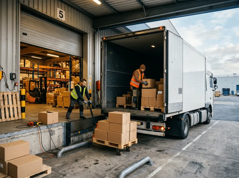 Zwei Lagerarbeiter in Warnwesten beladen an Laderampe Nr. 5 einen weißen LKW mit Kartons – einer schiebt eine Palette mit Hubwagen, der andere stapelt Pakete im Laderaum. Im Hintergrund ein beleuchtetes Lagerhaus mit Regalen und Gabelstapler.