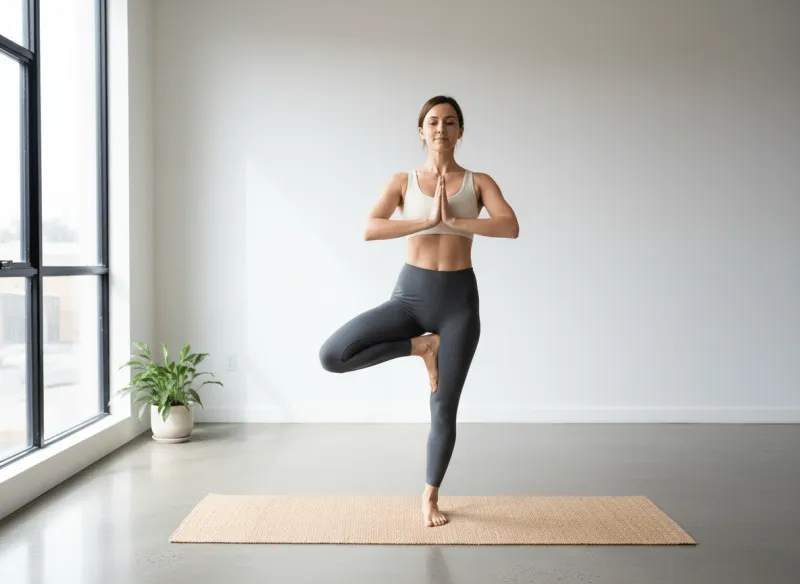 Eine Frau in cremefarbenem Sport-BH und grauen Leggings steht mit geschlossenen Augen in der Yoga-Pose „Baum