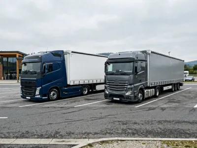 Zwei moderne europäische Sattelzüge mit Planenaufbauten stehen nebeneinander auf einem Autobahn-Rastplatz – ein blauer Volvo und ein grauer Mercedes-Benz. Im Hintergrund ein Rasthaus, Bäume und bewölkter Himmel.