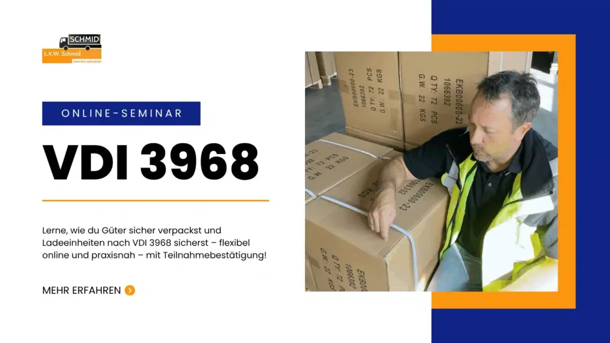 Werbebanner für ein Online-Seminar von „L.K.W. Schmid" in Blau, Orange und Weiß. Links das Firmenlogo, Titel „VDI 3968", Beschreibungstext zum sicheren Verpacken und Sichern von Ladeeinheiten sowie Button „Mehr erfahren". Rechts ein Foto eines Mannes in gelber Warnweste, der beschriftete Kartons auf einer Palette prüft.