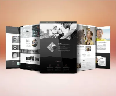 Fünf bodenstehend fächerartig angeordnete Website-Screens verschiedener Xtra-Projekte auf orangé-beigem Hintergrund.