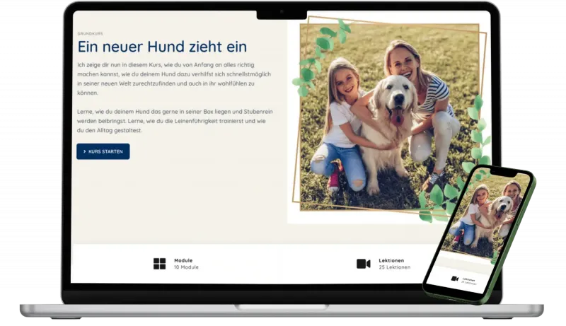 Laptop und Smartphone mit der Kursseite „Ein neuer Hund zieht ein