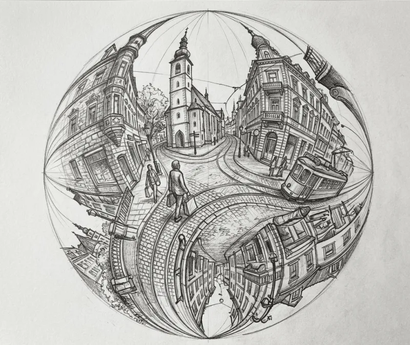 Detaillierte Bleistiftzeichnung auf weißem Papier, liegend auf einem Holztisch. In einem Kreisformat zeigt eine Fischauge-Perspektive mit vier Fluchtpunkten eine europäische Altstadt: Kirchturm, Gründerzeitfassaden, Kopfsteinpflaster, Passanten, eine Straßenbahn und Laternen. Die Architektur wölbt sich nach außen, unten spiegelt sich die Szene verzerrt, was dem Bild eine surreale, kugelförmige Wirkung verleiht.