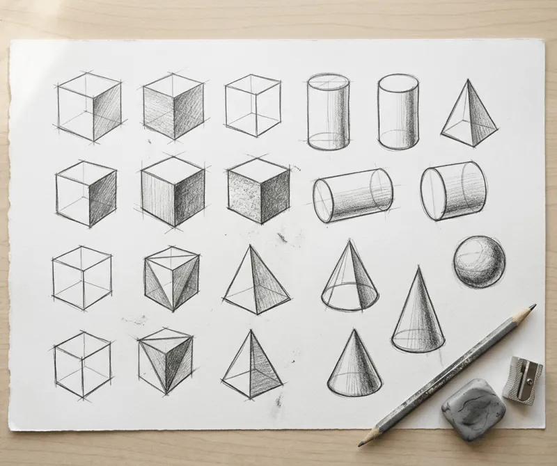 Übungsblatt mit Bleistiftskizzen geometrischer 3D-Körper auf hellem Holzuntergrund, daneben ein Bleistift, ein Anspitzer und ein Knetradiergummi. In vier Reihen sind Würfel, Zylinder, Pyramiden, Kegel und eine Kugel in verschiedenen Schattierungsstufen dargestellt — von der reinen Konturzeichnung bis zur vollständig schattierten Version.