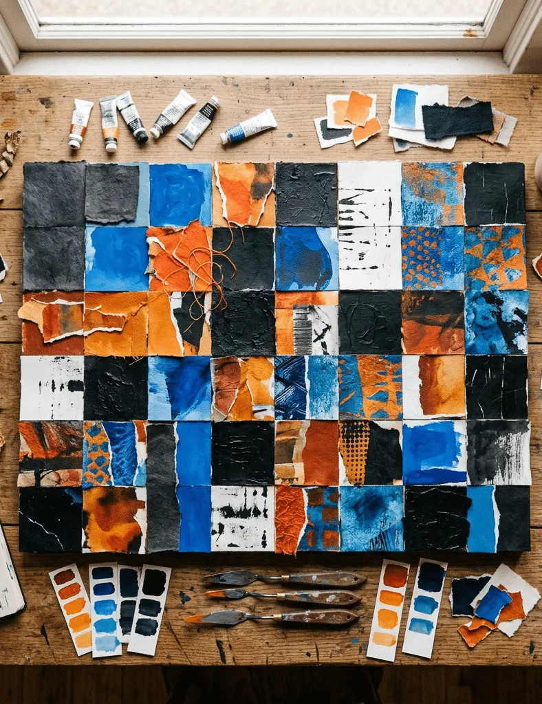 Vogelperspektive auf ein fertiges Raster-Collage-Kunstwerk in Schwarz, Blau und Orange auf einem Arbeitstisch mit Farbtuben, Pinseln und Farbmusterkärtchen.