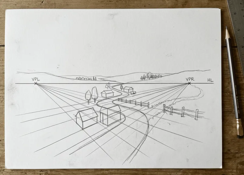 Bleistiftskizze einer Landschaft in Zweipunktperspektive auf weißem Papier, auf einem Holztisch liegend, daneben ein Blackwing-Bleistift und ein Metalllineal. Die Horizontlinie (HL) ist eingezeichnet mit zwei beschrifteten Fluchtpunkten links (VPL) und rechts (VPR), von denen Perspektivlinien zu Gebäuden, einem Zaun, Bäumen und einer geschwungenen Straße ausstrahlen.