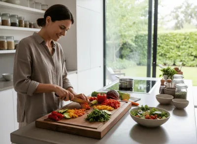 Lächelnde Frau im Leinenhemd schneidet in einer hellen, modernen Küche bunte Gemüse auf einem Holzbrett — Karotten, Paprika, Zucchini und Blattgemüse. Daneben eine Salatschüssel und Gewürzgläser, im Hintergrund ein Topf auf dem Induktionsherd und ein großes Fenster mit Gartenblick.