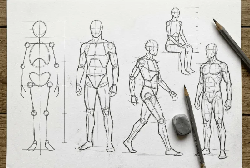 Bleistiftzeichnungen auf weißem Papier auf einem Holztisch zeigen verschiedene Konstruktionsstufen und Posen des menschlichen Körpers: eine Gelenkpuppe mit Proportionsachse, zwei stehende Blockfiguren in Frontalansicht, eine gehende Figur, eine sitzende Figur sowie eine weiter ausgearbeitete Körperzeichnung mit Muskulatur. Daneben zwei Bleistifte und ein Knetradiergummi.