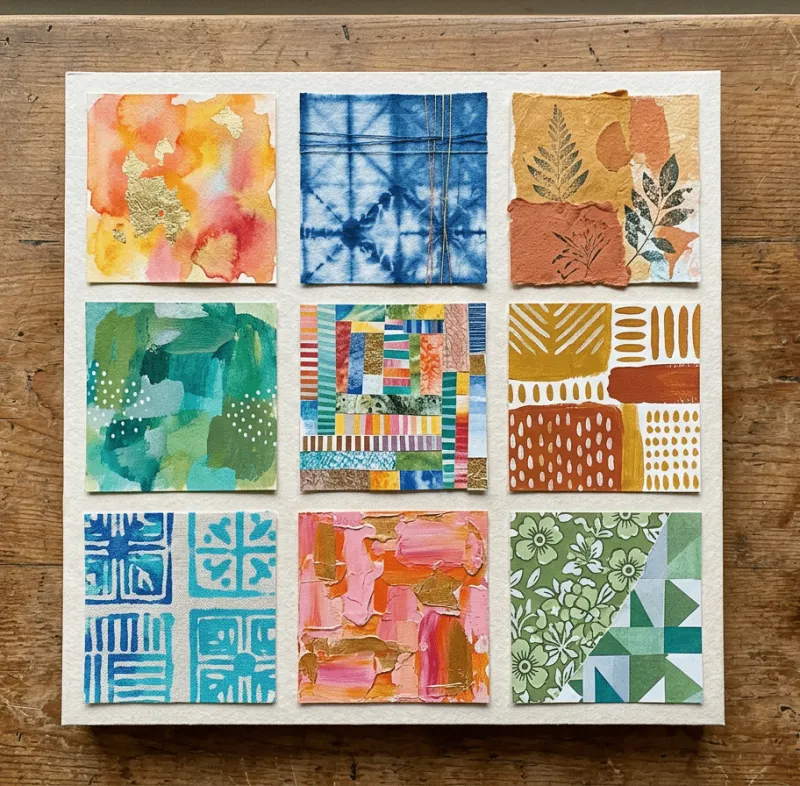 Neun quadratische Felder in 3×3-Raster auf cremefarbenem Karton auf einem Holztisch, jedes in anderer Technik: Aquarell mit Blattgold, Shibori-Stoff, Blattdruck auf Kraftpapier, grüne Acrylstruktur mit Punkten, Streifencollage, abstraktes Muster in Ocker, blaues Druckmuster, strukturierte Acrylschichten in Pink und Orange, sowie grünes Blumen-Quilt-Muster.