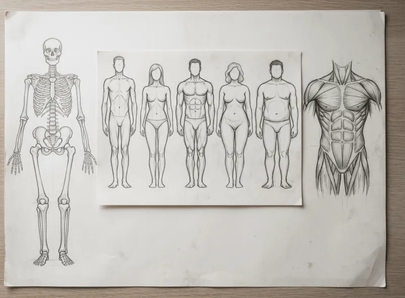 Anatomische Bleistiftzeichnungen auf weißem Papier auf einem hellen Holztisch: Links ein vollständiges Skelett in Frontalansicht, in der Mitte fünf menschliche Körperfiguren verschiedener Körperbautypen (männlich und weiblich) in Frontalansicht, rechts eine detaillierte Muskulaturzeichnung des menschlichen Oberkörpers. Die Zeichnungen dienen als Lehr- und Studienmaterial für das realistische Figurenzeichnen.