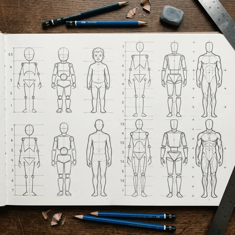 Aufgeschlagenes Skizzenbuch auf einem Holztisch mit zwölf Bleistiftzeichnungen menschlicher Körperproportionen in verschiedenen Entwicklungsstufen — von der vereinfachten Gelenkpuppe über geometrische Blockfiguren bis zur realistischen Körperdarstellung, jeweils mit Proportionsraster und Maßangaben. Daneben Bleistifte verschiedener Härtegrade, ein Radiergummi, ein Lineal und Bleistiftspäne.