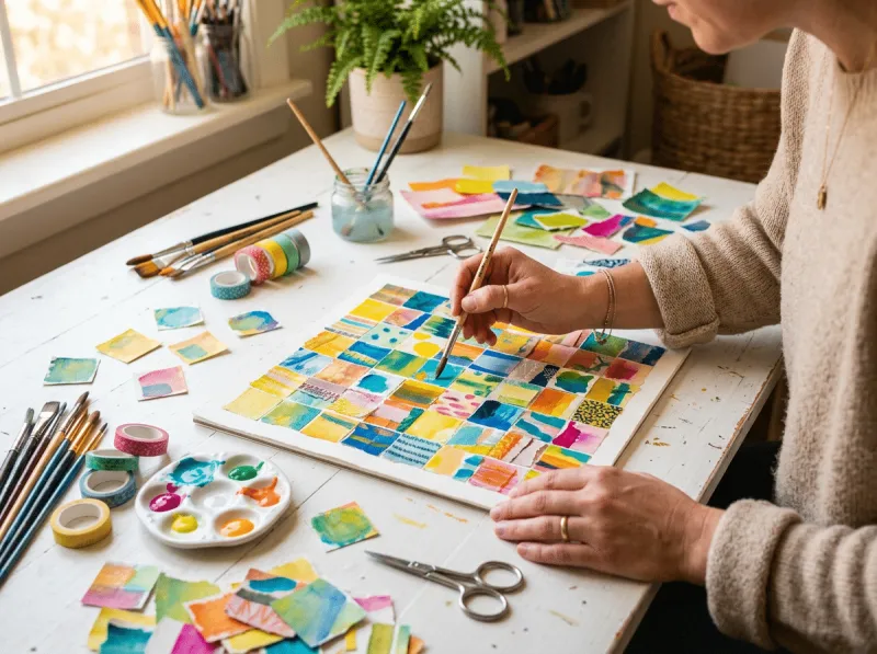 Frau in beigem Pullover arbeitet an einem weißen Tisch an einer bunten Raster-Collage in Gelb, Blau und Orange. Um sie herum bunte Papierschnipsel, Washi-Tape, Pinsel, Palette, Schere und ein Wasserglas. Im Hintergrund ein Farn und Pinsel in einem Glas.
