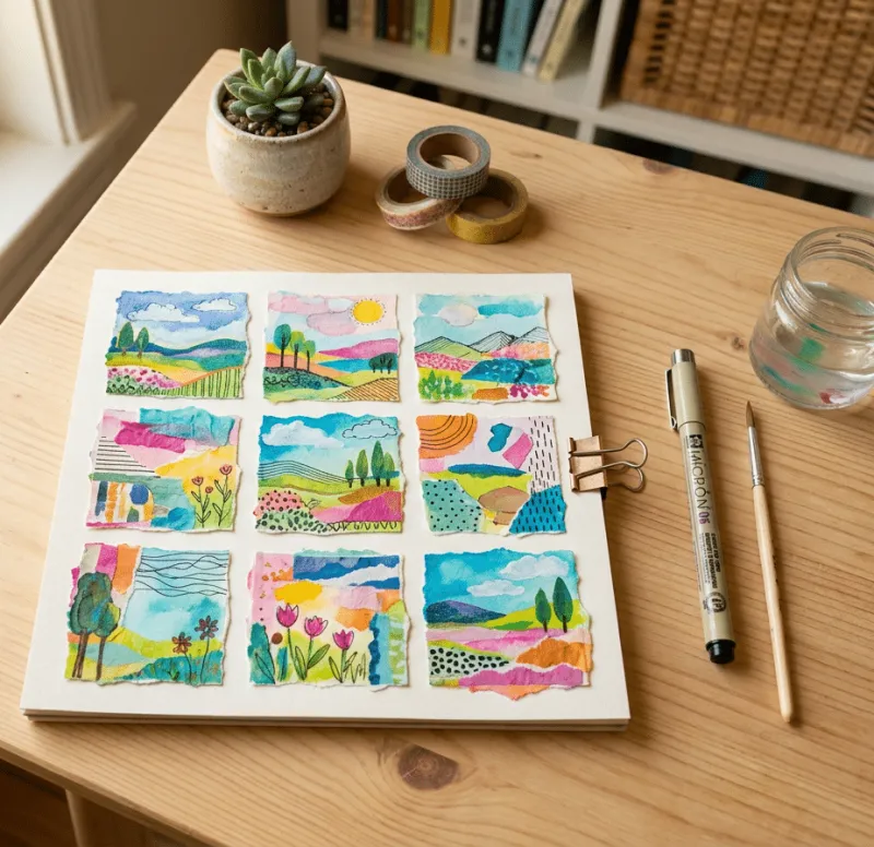 Helles Holzpult mit einem 3×3-Raster-Collage aus neun kleinen Aquarelllandschaften in leuchtenden Farben mit Bäumen, Hügeln, Wolken und Blumen. Daneben Sakura Micron Fineliner, Pinsel, Wasserglas, Washi-Tape-Rollen und eine kleine Sukkulente.