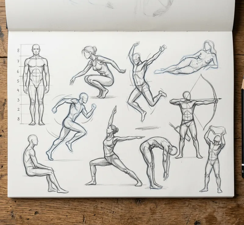 Skizzenbuch mit vielfältigen Bleistiftzeichnungen menschlicher Figuren in dynamischen und statischen Posen, darunter Proportionsstudie, Yoga, Bogenschießen und Laufen.
