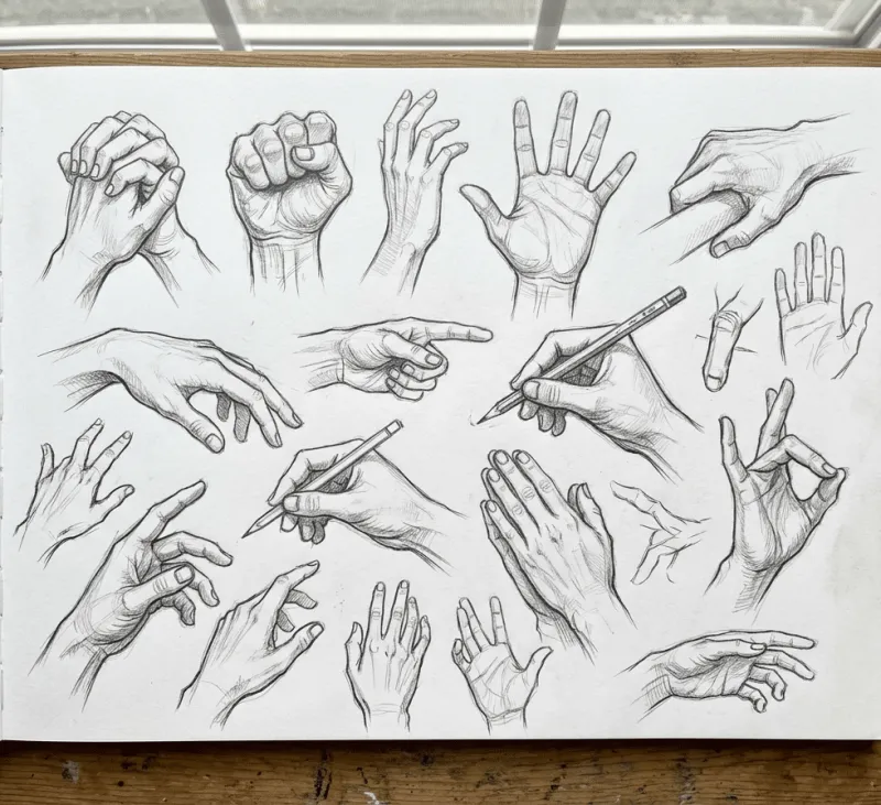 Skizzenbuch mit anatomisch detaillierten Bleistiftzeichnungen menschlicher Hände in zahlreichen Gesten und Positionen, darunter Faust, offene Handfläche, zeigende und schreibende Hände.