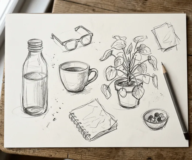 Skizzenpapier auf Holztisch mit lockeren Bleistiftzeichnungen alltäglicher Objekte: Glasflasche, Kaffeetasse, Zimmerpflanze im Topf, Brille, Spiralnotizbuch, Schale mit Beeren und ein Bilderrahmen. Daneben ein Bleistift.