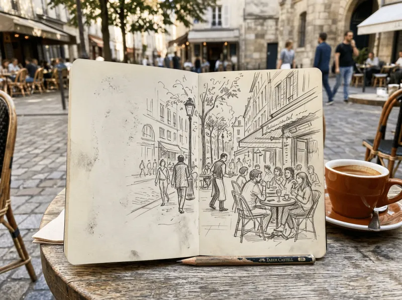 Aufgeschlagenes Moleskine-Skizzenbuch auf einem Café-Tisch im Freien zeigt eine doppelseitige Bleistiftskizze einer Pariser Straßenszene mit Café-Gästen, Passanten und Laternen. Daneben ein Faber-Castell 2B und eine Espressotasse. Im Hintergrund das reale Pariser Straßenbild.