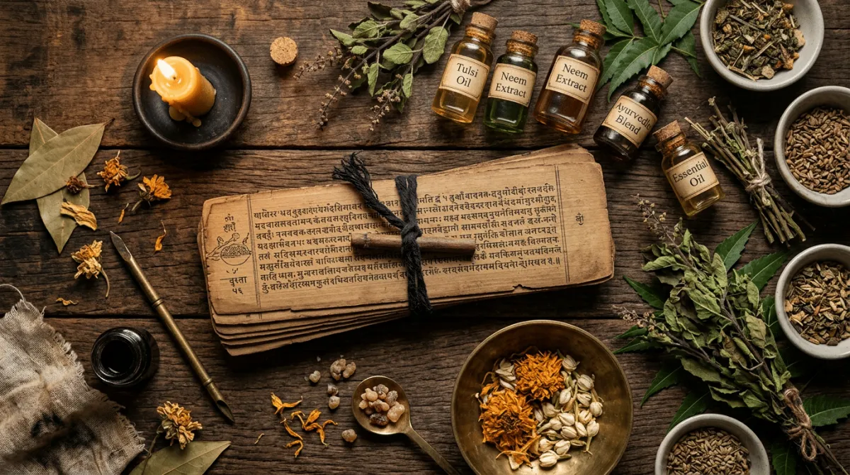Alte ayurvedische Schriften auf Palmblatt mit Kräutern und Ölfläschchen daneben