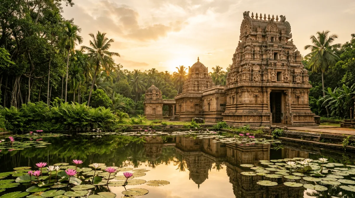 Tempel in Südindien im Morgenlicht mit Lotusblüten im Vordergrund – Ayurveda-Ursprungsland