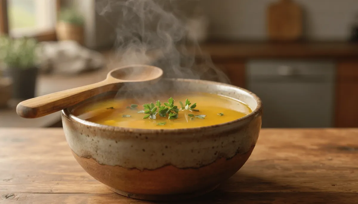 Warme Suppe dampft in Tonschüssel – symbolisiert Agni, das ayurvedische Verdauungsfeuer