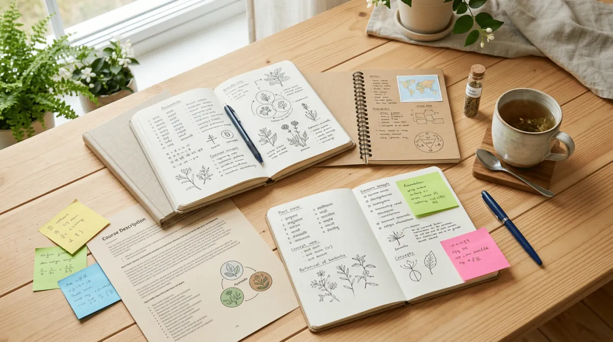 Verschiedene Ayurveda-Kurs-Themen auf Notizen nebeneinander – Auswahl und Vergleich