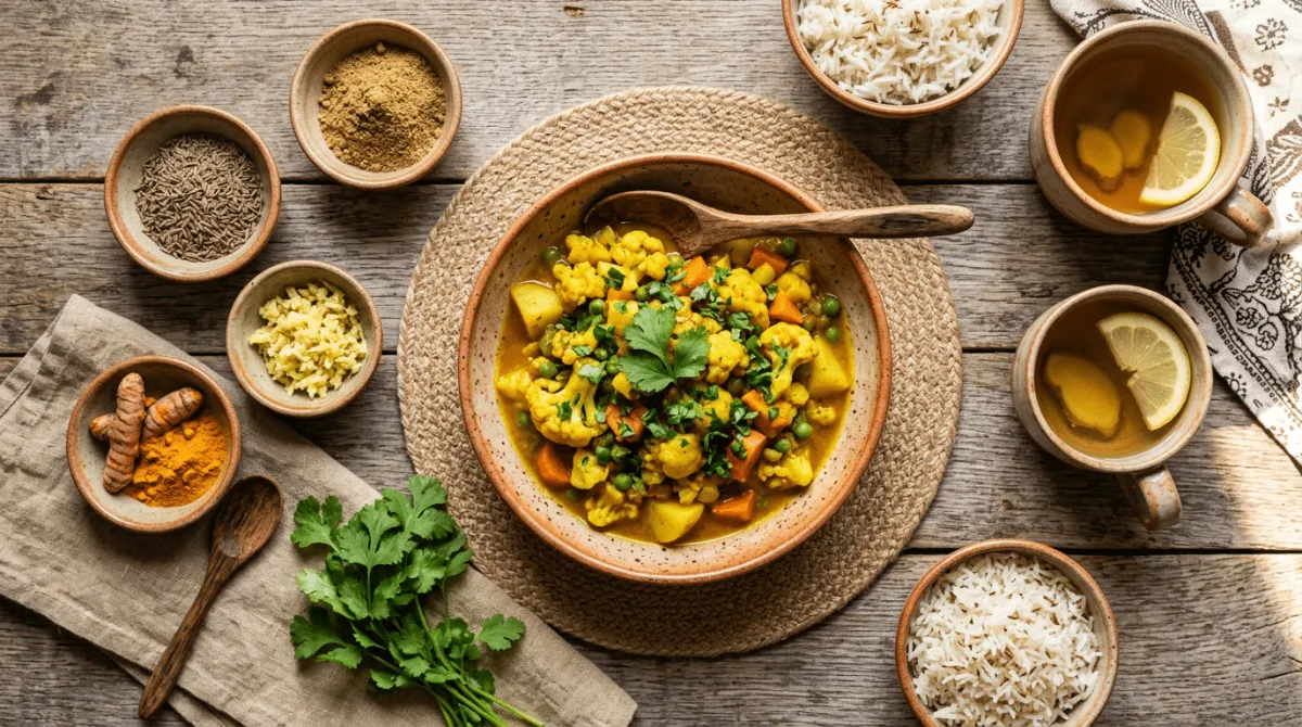 Ayurvedische Mahlzeit – warme goldene Gemüseküche mit Gewürzen in Schüssel, Draufsicht