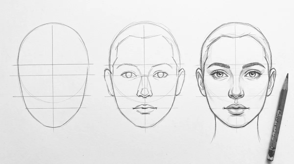 A3_Bild2_Educational pencil sketch sequence showing face construction steps on white paper