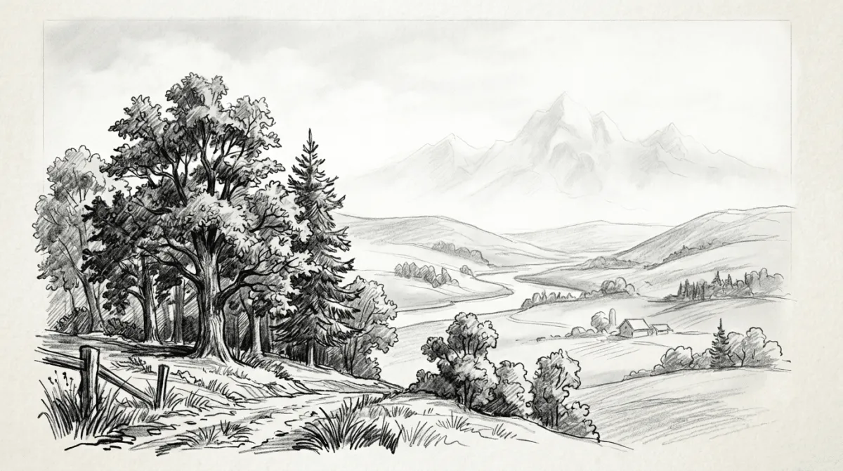 Landschaftszeichnung mit atmosphärischer Perspektive: Vordergrund dunkel, Hintergrund hell