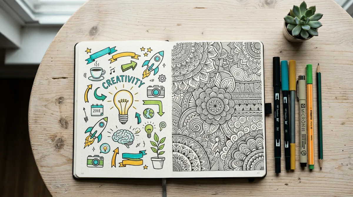 Notizbuch mit Sketchnotes, Zendoodle-Muster und Handlettering-Schriftzügen auf einem Tisch