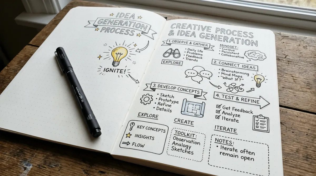 Sketchnote-Seite im Notizbuch mit Icons, Schrift und grafischen Elementen
