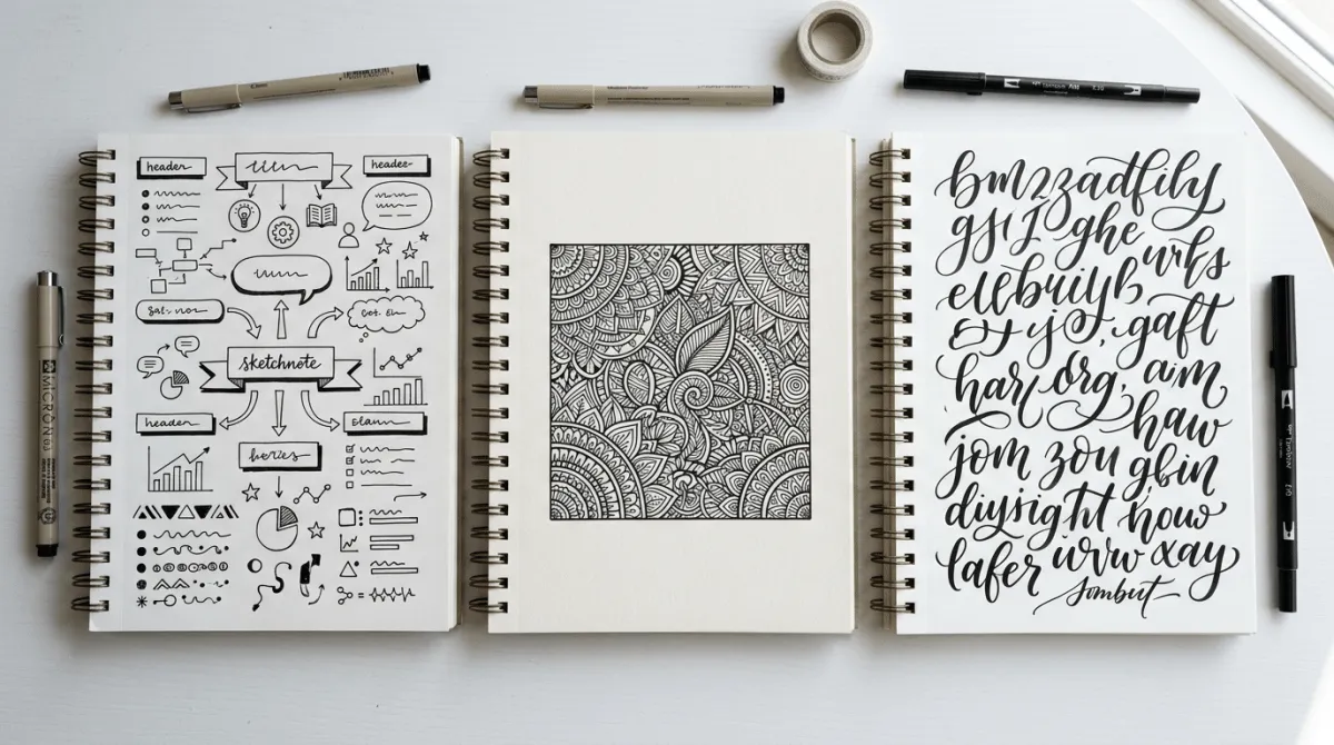 Drei Notizbuchseiten nebeneinander: Sketchnote, Zendoodle-Muster, Handlettering-Schrift